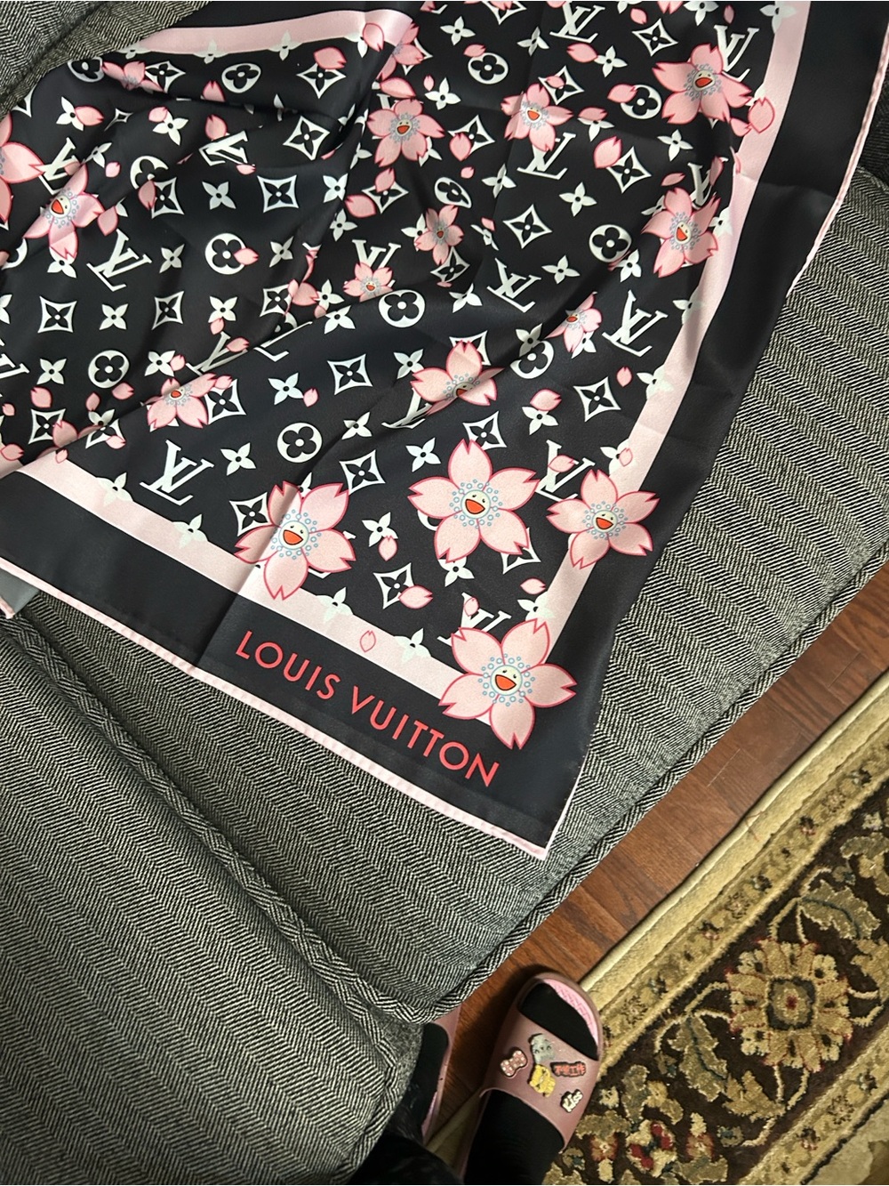 Louis Vuitton Black and Pink Monogram Floral Silk Scarf - Picture 4 of 4